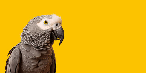 Obraz premium Portrait of a grey parrots isolated on bright yellow background. Banner, place holder, copy space.