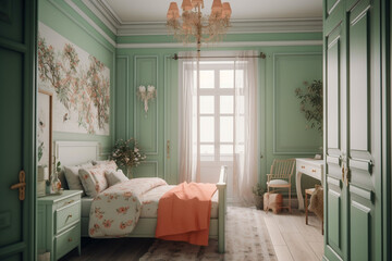 Modern cozy bedroom, classic interior design with light coral, green and white colors. Super photo realistic background, generative ai illustration