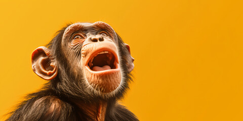 Portrait of a chimpanzee isolated on bright yellow background. Banner, place holder, copy space. - obrazy, fototapety, plakaty