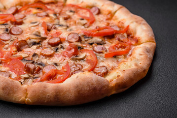 Bavarian pizza with smoked sausages, tomatoes, cheese, salt and spices