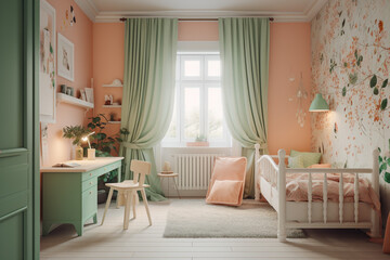 Modern cozy childrens room, classic interior design with light coral, green and white colors. Super photo realistic background, generative ai illustration