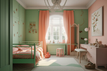 Modern cozy childrens room, classic interior design with light coral, green and white colors. Super photo realistic background, generative ai illustration