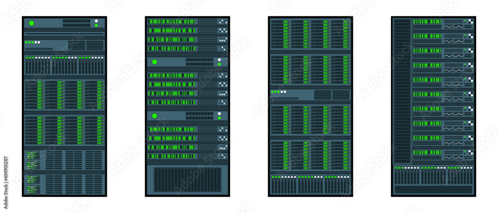 Poster set of various server racks. server in cabinets. server room data center. server in flat design. vec