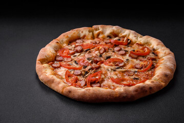 Bavarian pizza with smoked sausages, tomatoes, cheese, salt and spices