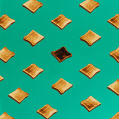 Food pattern with toasts over green background flat lay top-down composition. Complimentary colours, find the difference. Usable for wallpaper
