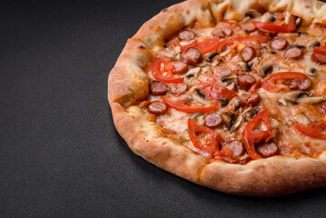 Bavarian pizza with smoked sausages, tomatoes, cheese, salt and spices