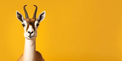 Portrait of a funny springbok isolated on bright yellow background. Banner, place holder, copy space.