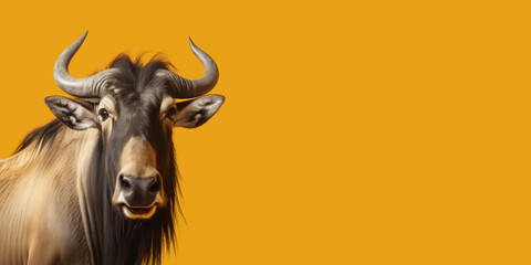 Portrait of a wildebeest isolated on bright yellow background. Banner, place holder, copy space. - obrazy, fototapety, plakaty