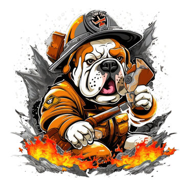 Firefighter English Bulldog t-shirt design, A muscular English Bulldog wearing a firefighter suit and helmet, lifting a heavy fire hose with one paw and aiming, Generative Ai