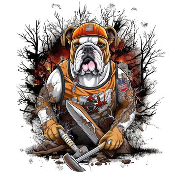 Firefighter English Bulldog t-shirt design, A tough English Bulldog wearing a firefighter uniform and holding an axe, standing in front of a smoky background with a determined expressio, Generative Ai