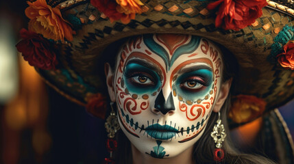 Portrait of a woman wearing beautiful Day of the Dead costumes and skull makeup. Generative AI