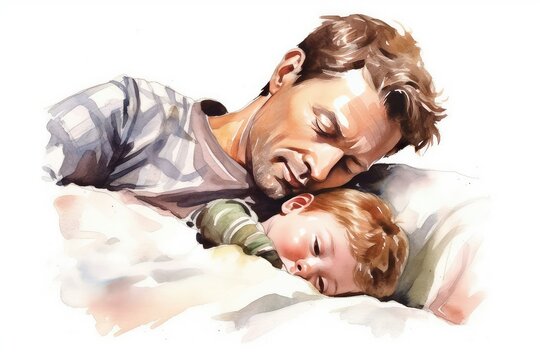Bedtime: A heartwarming photo showcasing fathers tucking their children into bed, representing the comforting and nurturing role fathers play at bedtime. Watercolor, Father's Day Concept. 