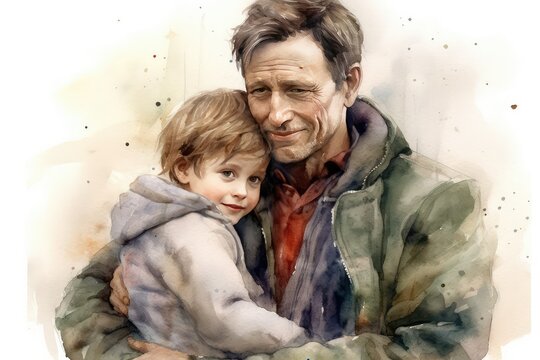 Father: An image capturing the loving presence of a father, portraying his care, support, and guidance for his family. Watercolor, Father's Day Concept. 