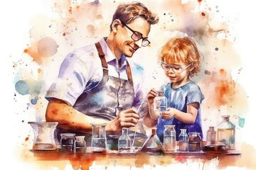 Naklejka premium Father and child having a fun science experiment in the kitchen. Watercolor, Father's Day Concept. 