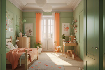 Fototapeta premium Modern cozy childrens room, classic interior design with light coral, green and white colors. Super photo realistic background, generative ai illustration