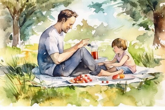 Father and child enjoying a picnic in the backyard. Watercolor, father's day concept. 