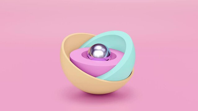Concept geometry sphere flower open. 3d motion design, ball hidden inside colorful hemispheres, layers opening. Simple geometric objects, primitive shapes isolated. Live image, modern animated poster