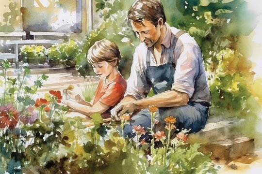 Father and child gardening and planting flowers. Watercolor, father's day concept. 