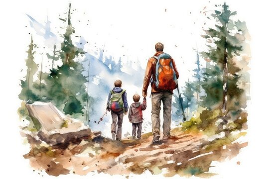 Father and child going on a camping adventure. Watercolor, Father's Day concept. 