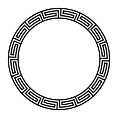 Fototapeta na wymiar Greek fret ornament, circle frame with seamless meander pattern. A decorative circular border, constructed from continuous lines, shaped into a repeated motif. Also known as Greek key or meandros.