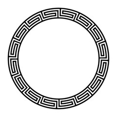 Greek fret ornament, circle frame with seamless meander pattern. A decorative circular border, constructed from continuous lines, shaped into a repeated motif. Also known as Greek key or meandros.