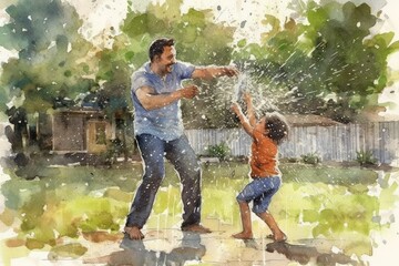 Naklejka na ściany i meble Father and child having a playful water fight in the backyard.