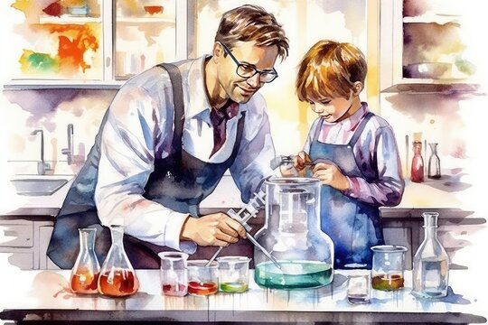 Father and child having a fun science experiment in the kitchen. Watercolor, Father's Day Concept.