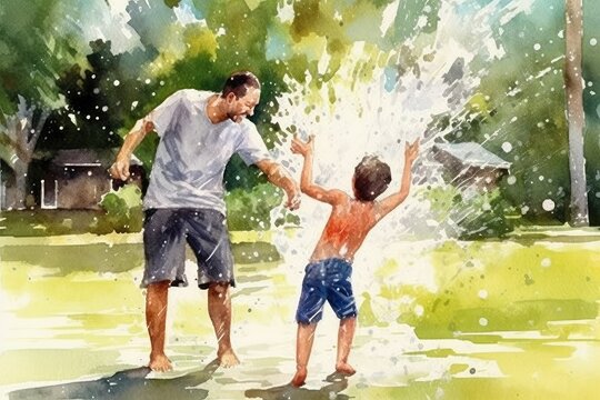 Father and child having a playful water fight in the backyard.