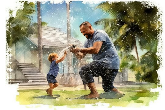 Father and child having a playful water fight in the backyard.