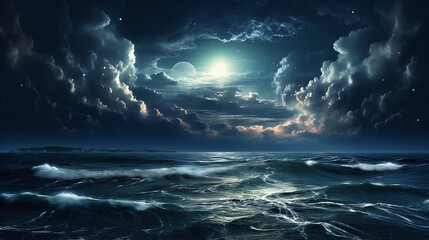 Cloudy night ocean landscape with the Moon and stars. AI generated.