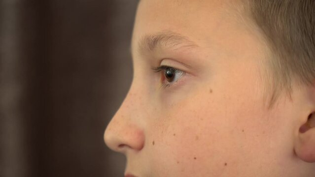 A cute young boy looks at something off camera in an apartment - face closeup from the side