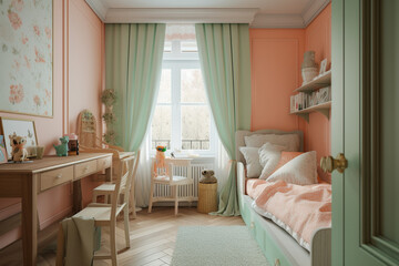 Modern cozy childrens room, classic interior design with light coral, green and white colors. Super photo realistic background, generative ai illustration