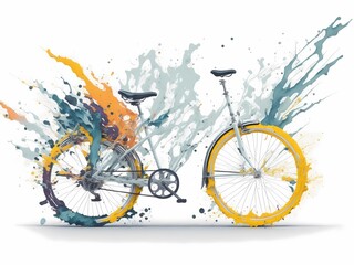 Fototapeta na wymiar Bicycle or bike with abstract rainbow splattered paint on a white background. Generative ai.