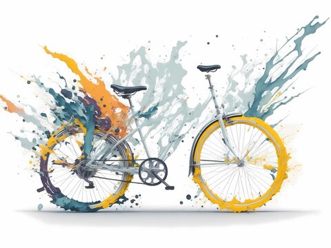 Bicycle or bike with abstract rainbow splattered paint on a white background. Generative ai.