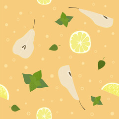 Pear lemon mint lemonade. pattern. Summer fruits textured. Hand drawn organic vector illustration
