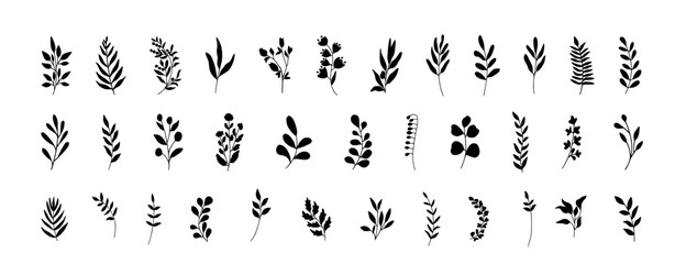 Big set of simple vector flowers and leaves. Flat line design. Set of elegant floral elements for graphic and web design