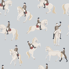 Seamless pattern on the theme of classic dressage and white horses