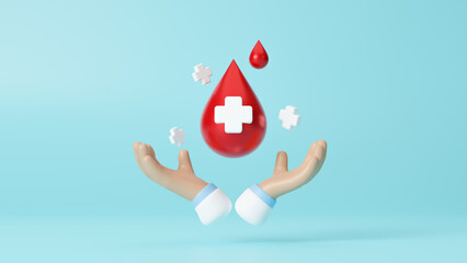 3D Hand holding blood drop with cross sign. Concept of give blood donation, blood transfusion. Banner, card, poster concept of world blood donation day. World hemophilia day concept. 3d rendering