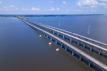 Aerial view of the bridge over the mississippi river. highway road over the water