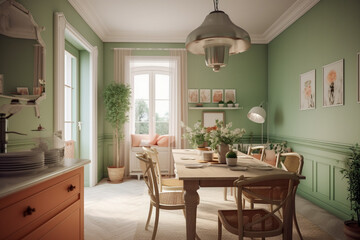 Modern cozy kitchen, classic interior design with light coral, green and white colors. Super photo realistic background, generative ai illustration