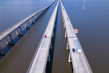 Aerial view of the bridge over the mississippi river. highway road over the water