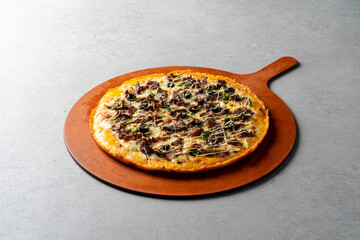 Pizza, bulgogi, pizza, pastry, bacon, cheese crust, cheese, sweet potato, cheddar cheese