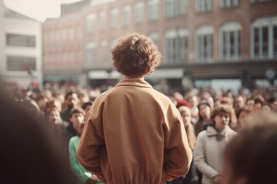 A lone guy standing in front of a crowd. Generative AI