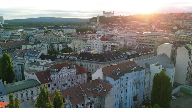 Aerial view of Bratislava skyline at dusk, Slovakia