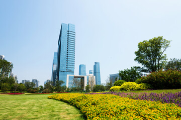 Green park next to business center buildings