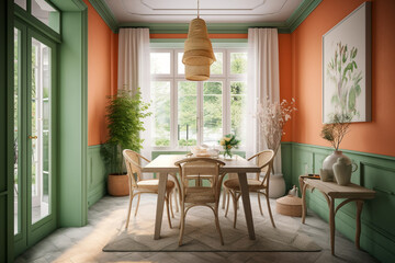 Modern cozy kitchen, classic interior design with light coral, green and white colors. Super photo realistic background, generative ai illustration