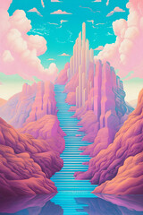 Magical Stairway: Exploring a Stylized Bryce 3D Landscape with Astral Elements