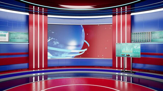 News room with display and tv stage used to broadcast world news on international television. News studio for broadcast tv channel graphic package, high impact. 3d render animation.