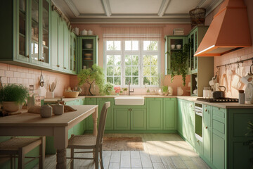 Fototapeta premium Modern cozy kitchen, classic interior design with light coral, green and white colors. Super photo realistic background, generative ai illustration
