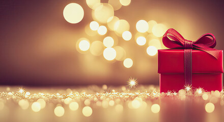 Red gift with bow on a gold glitter background with bokeh lights and copy space for christmas or birthday generative ai illustration